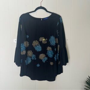Apt. 9 Black Blouse with Blue and Gold Floral Design